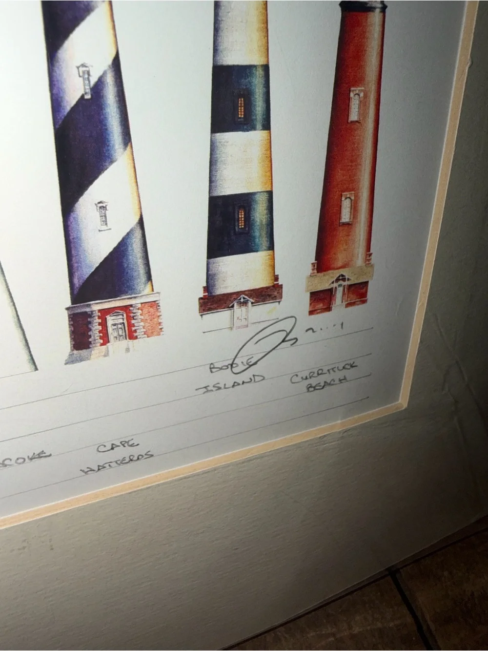 Framed Lighthouse Painting Print Cream Mat - NC SC and Georgia Lights Artwork